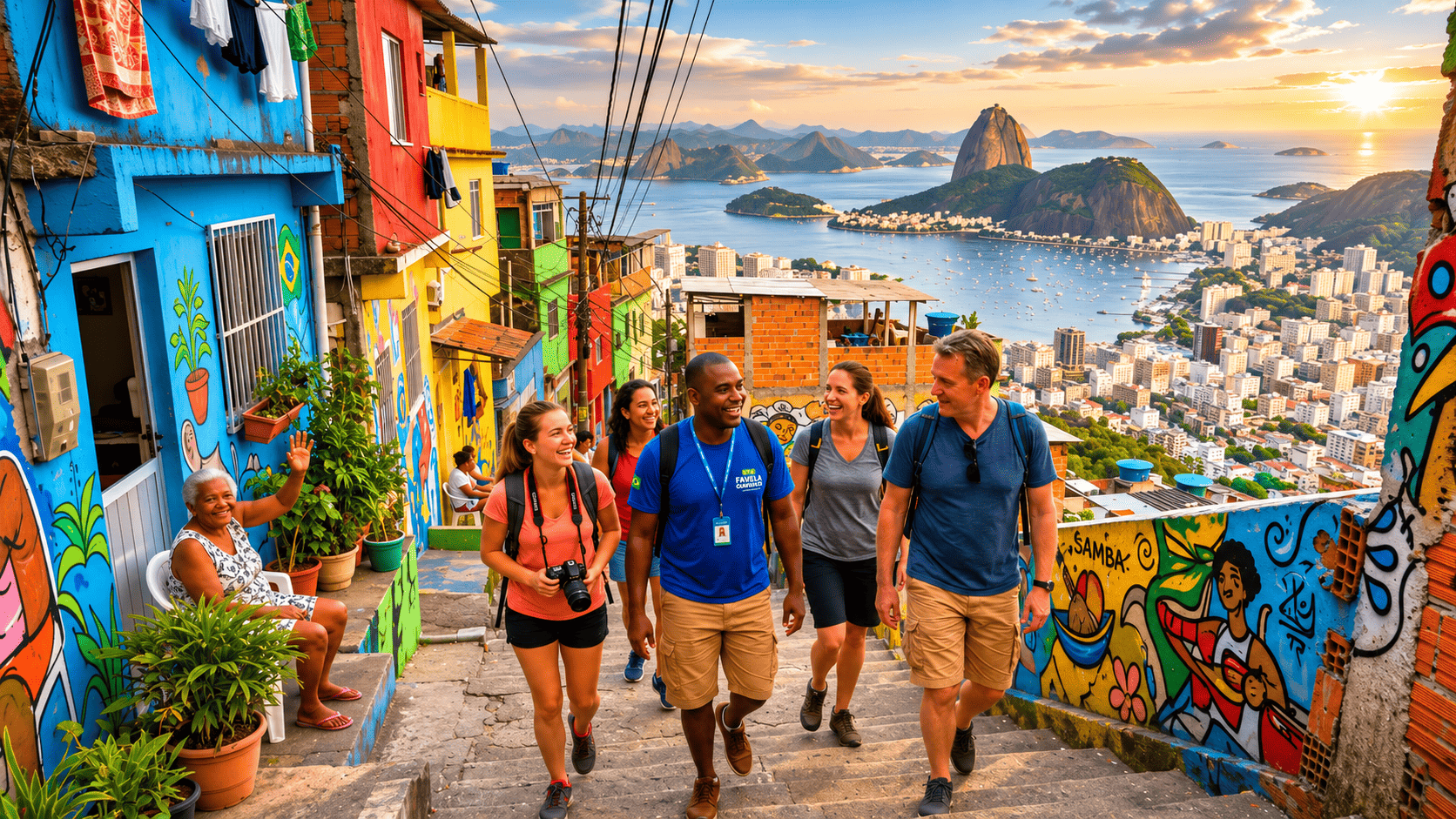 Turistas fazendo Favela Tour na Rocinha no Rio de Janeiro com guia local