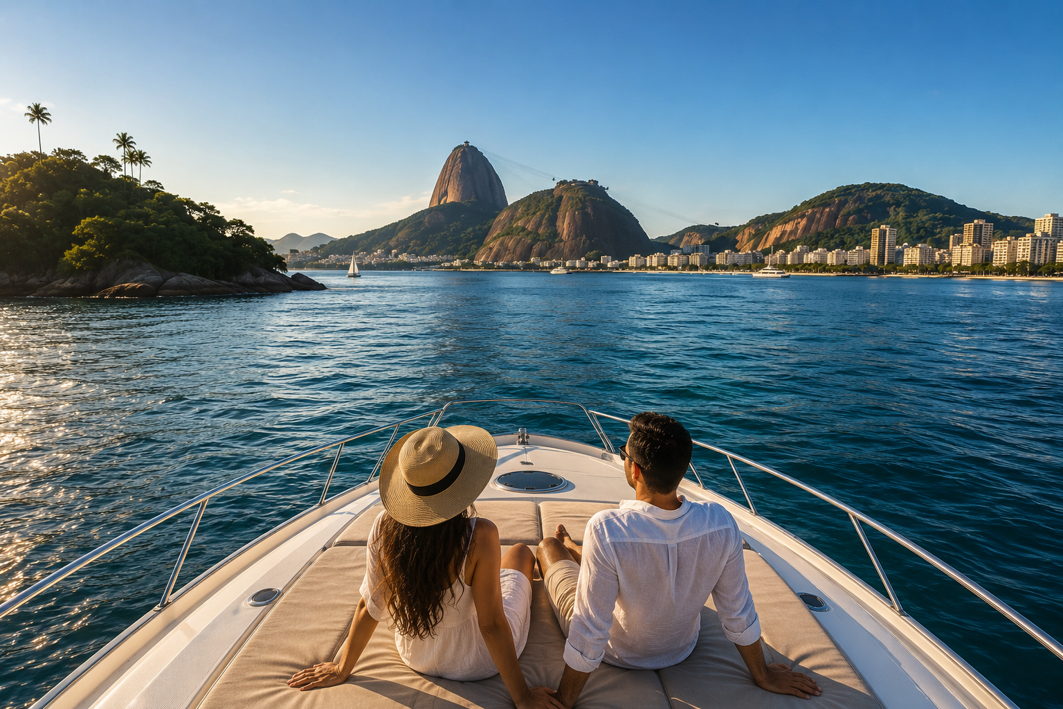 Turistas fazendo passeio de iate no Rio de Janeiro com vista para o Pão de Açúcar e Baía de Guanabara