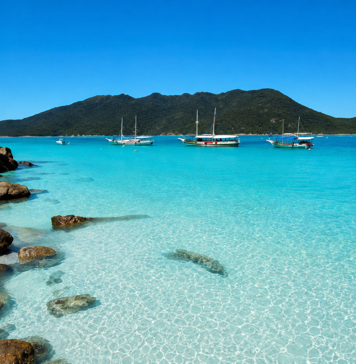 Praia de Arraial do Cabo no Rio de Janeiro com mar azul cristalino, areia branca e barcos na paisagem