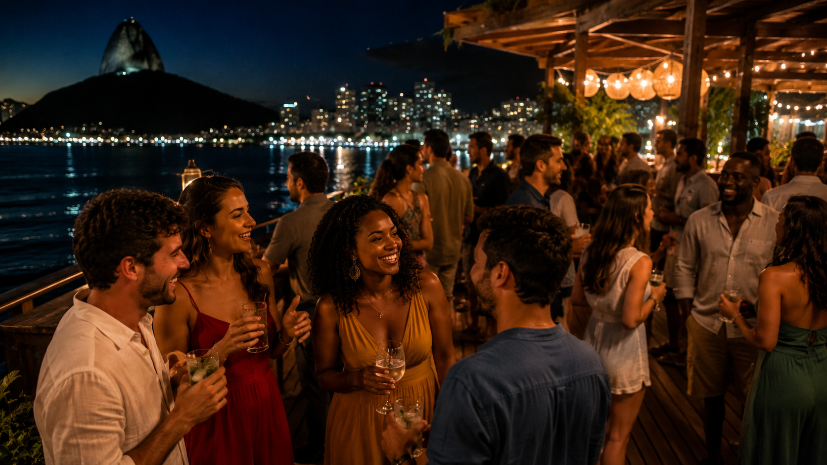 Turistas aproveitando a vida noturna na Lapa durante um passeio pelas festas do Rio de Janeiro.