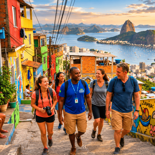Turistas fazendo Favela Tour na Rocinha no Rio de Janeiro com guia local