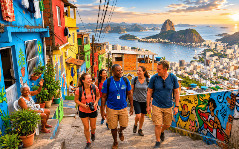 Turistas fazendo Favela Tour na Rocinha no Rio de Janeiro com guia local