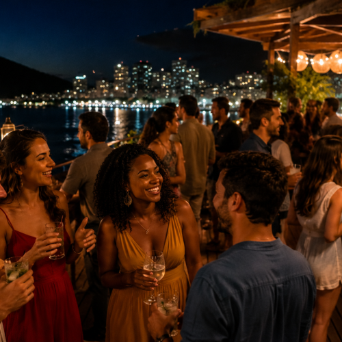 Turistas aproveitando a vida noturna na Lapa durante um passeio pelas festas do Rio de Janeiro.