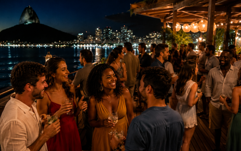 Turistas aproveitando a vida noturna na Lapa durante um passeio pelas festas do Rio de Janeiro.