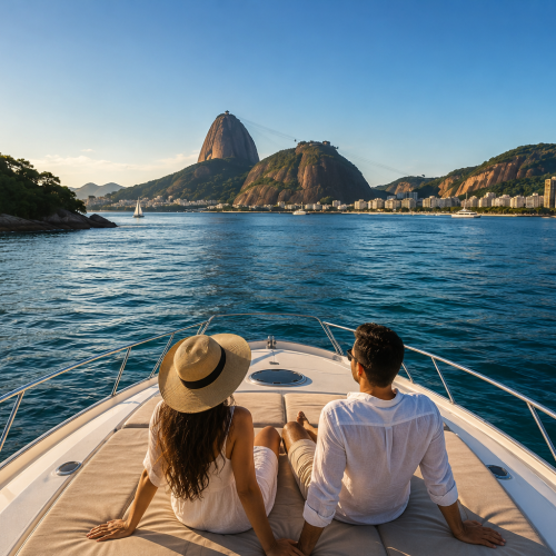Turistas fazendo passeio de iate no Rio de Janeiro com vista para o Pão de Açúcar e Baía de Guanabara