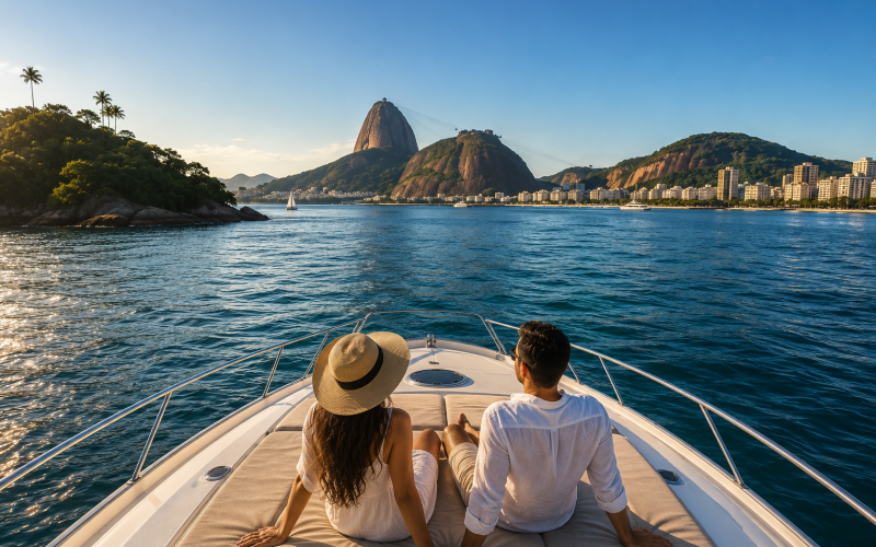 Turistas fazendo passeio de iate no Rio de Janeiro com vista para o Pão de Açúcar e Baía de Guanabara